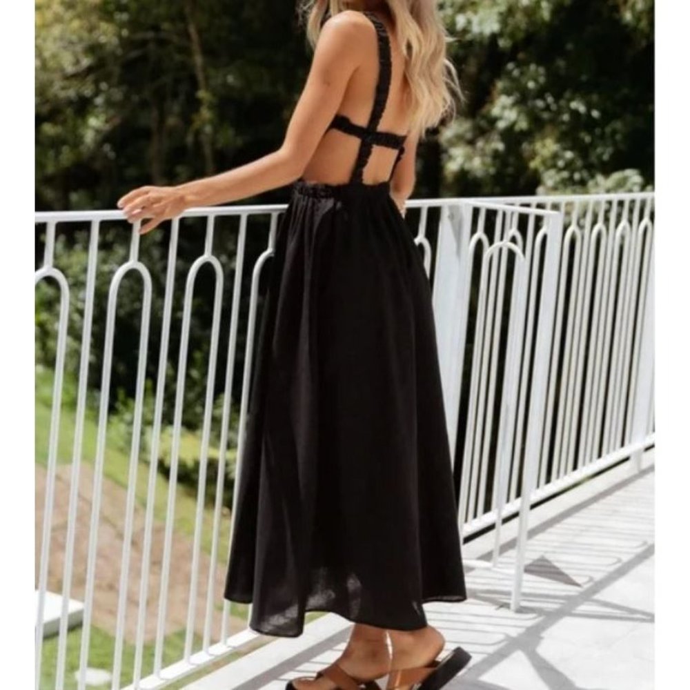 NEW Petal & Pup Black Esther Linen Blend A-line Open Back Midi Dress 6US